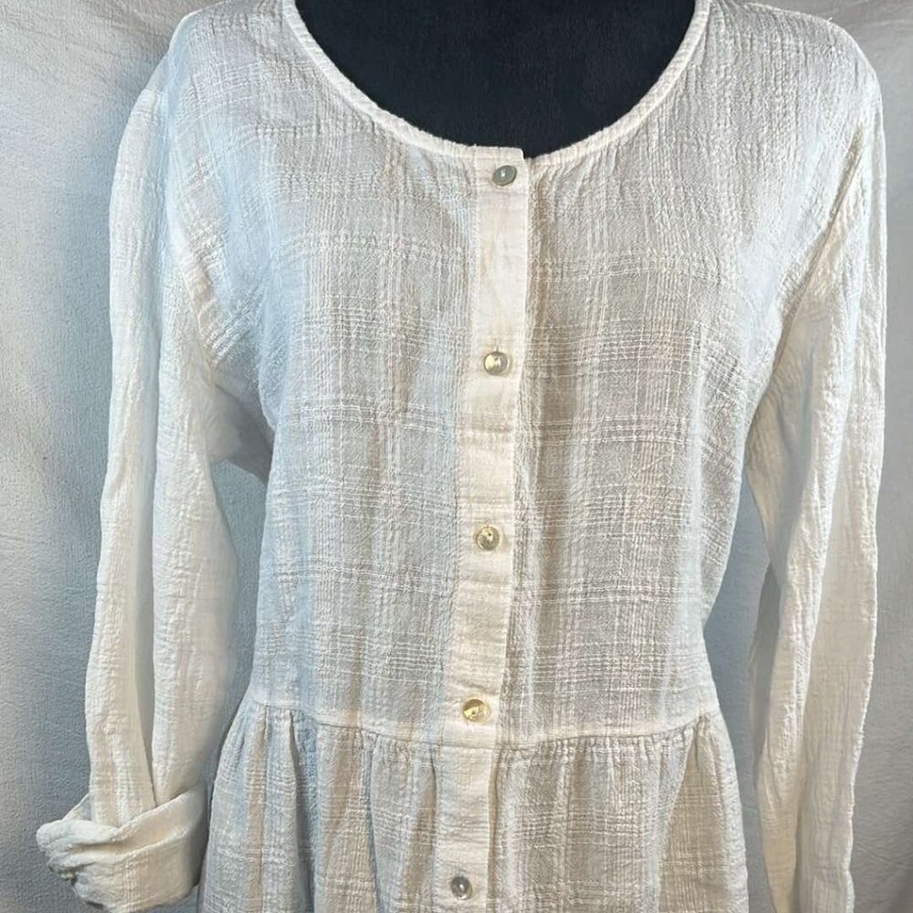 Sigrid Olsen Linen Cotton Cinched Waist Button Up Top SZ LG Resort Summer Easter